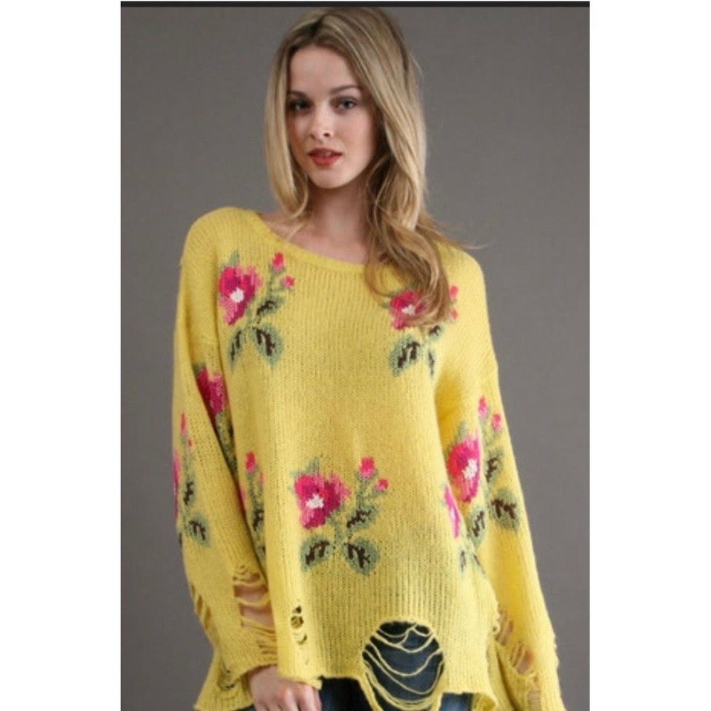 Wildfox Couture Little Edie Lennon Sweater Butter Yellow Floral Distressed Small